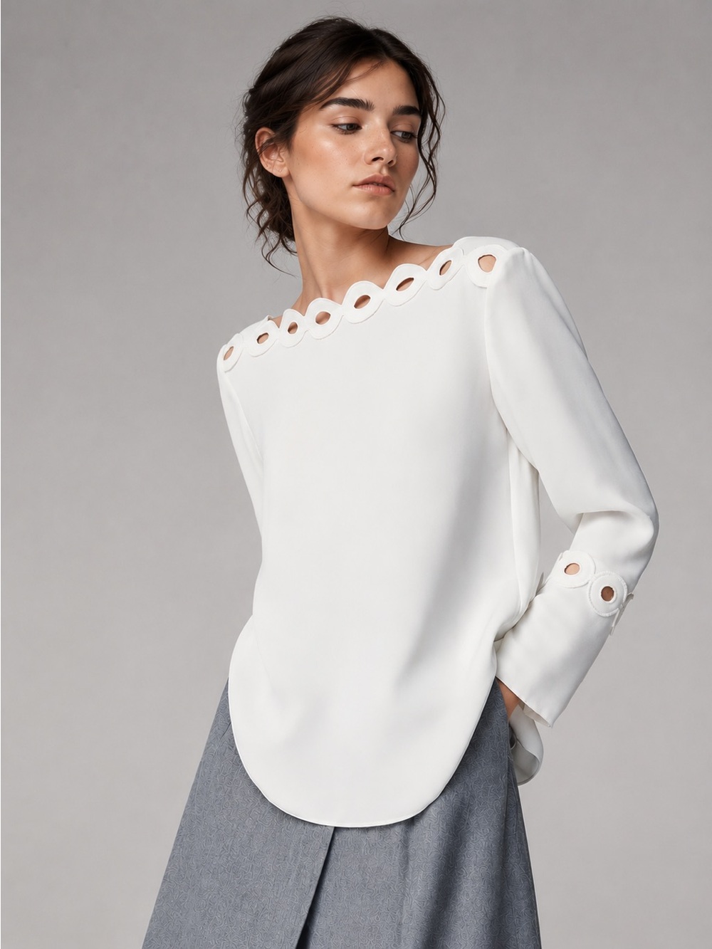 Massimo Dutti Women’s White Long Sleeve Crochet Eyelet Blouse Top Shirt Size 8